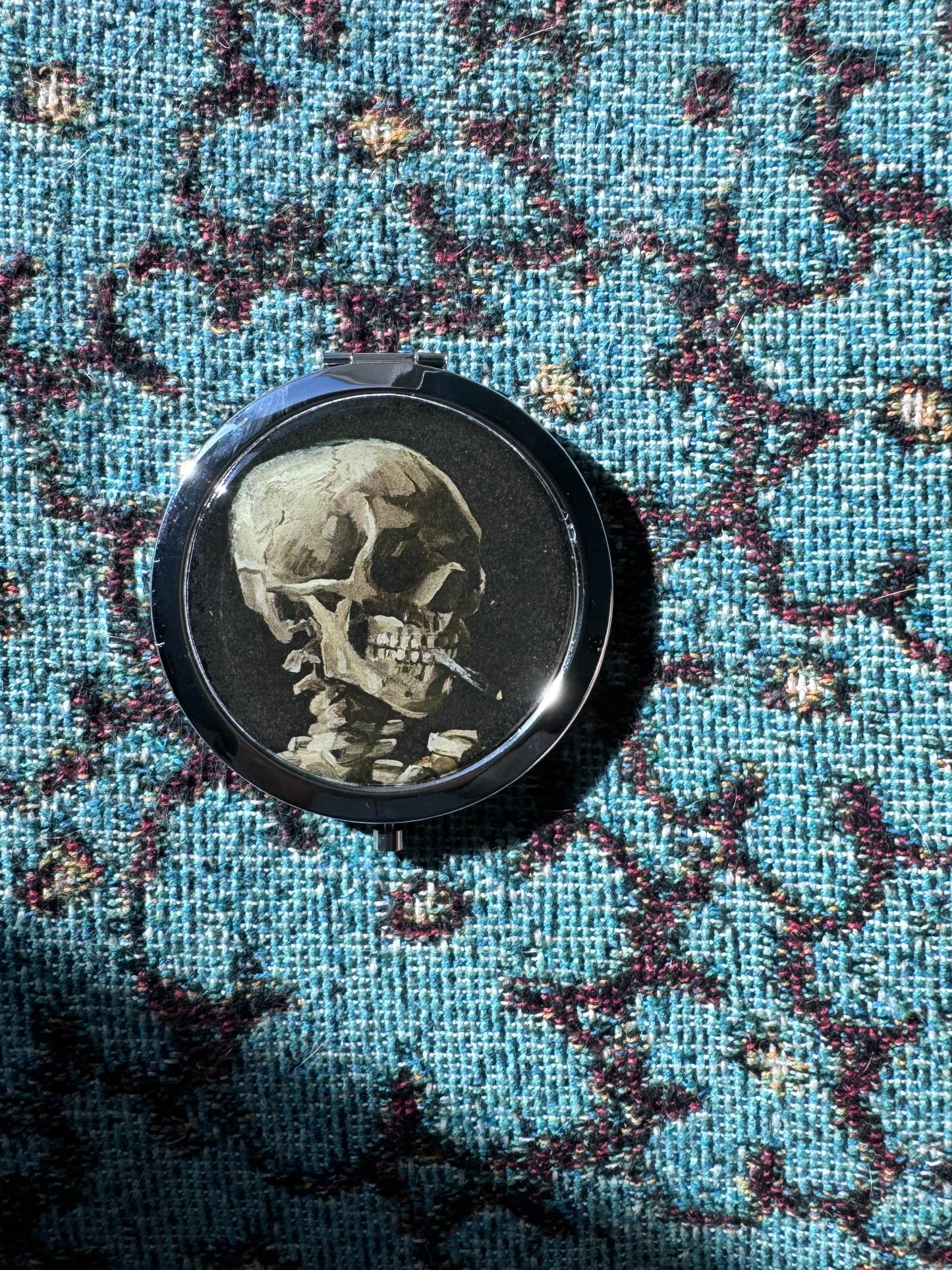 Skull of a Skeleton with Burning Cigarette Compact Mirror OR Pill Case