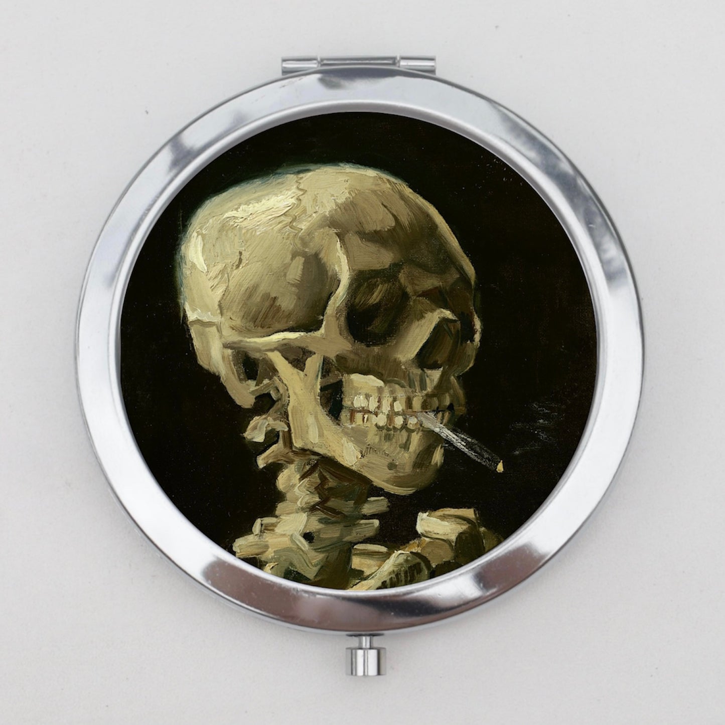 Skull of a Skeleton with Burning Cigarette Compact Mirror OR Pill Case