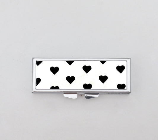 Black and White Heart Rectangle Pill Box