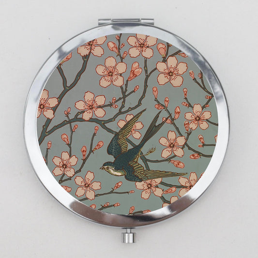 Sparrow and Cherry Blossoms Compact Mirror OR Pill Box