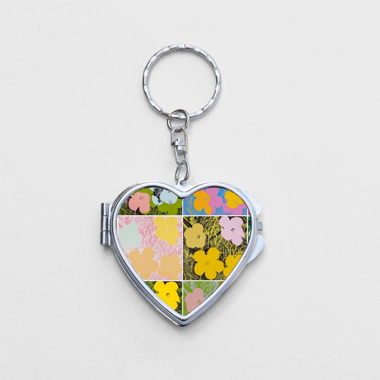 Warhol Flowers Heart Shaped Mirror KeyChain