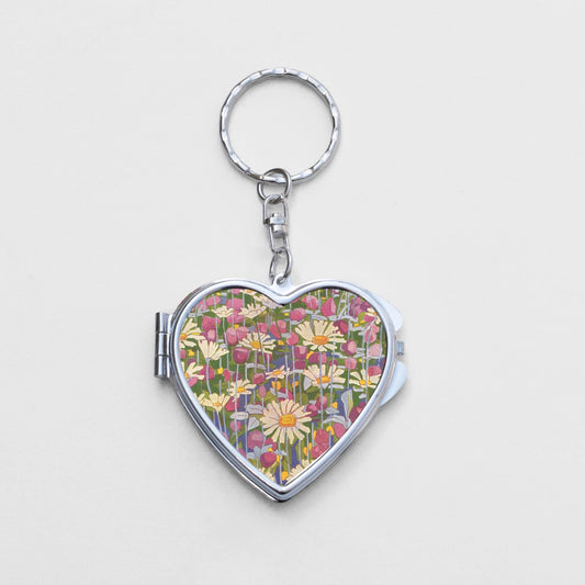 Groovy Flowers Heart Shaped Mirror KeyChain